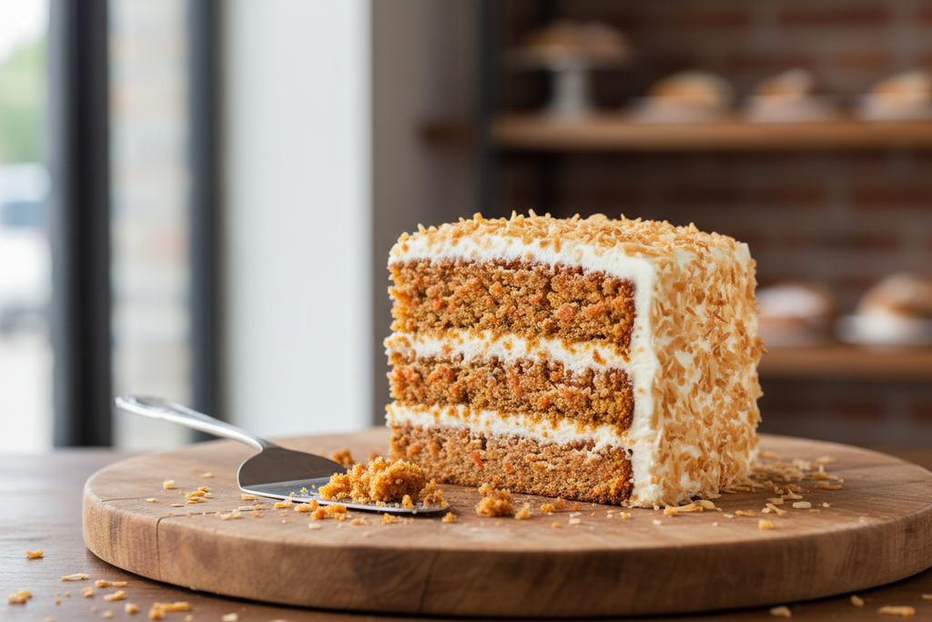Carrot cake filled with cream cheese filling, cream cheese frosting, covered in coconut crunch